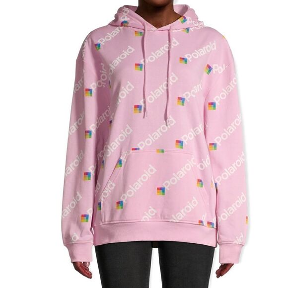 POLAROID ALLOVER LOGO PRINT HOODED SWEATSHIRT HOODIE PINK LARGE - Picture 1 of 8